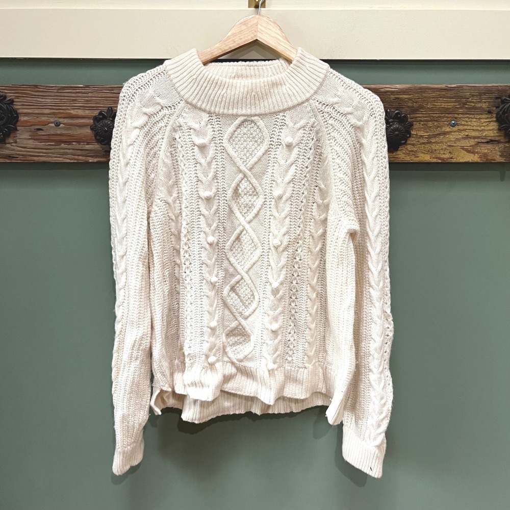 J.Crew Womens XL Cream Lambswool Blend Cable Knit Pom-Pom Mock Neck Sweater